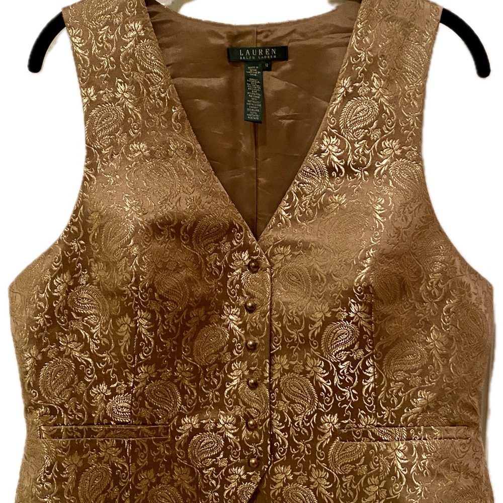 Ralph Lauren Women's Button-Front Golden Paisley Silk Jacquard Vest Waistcoat 12 - Picture 2 of 9